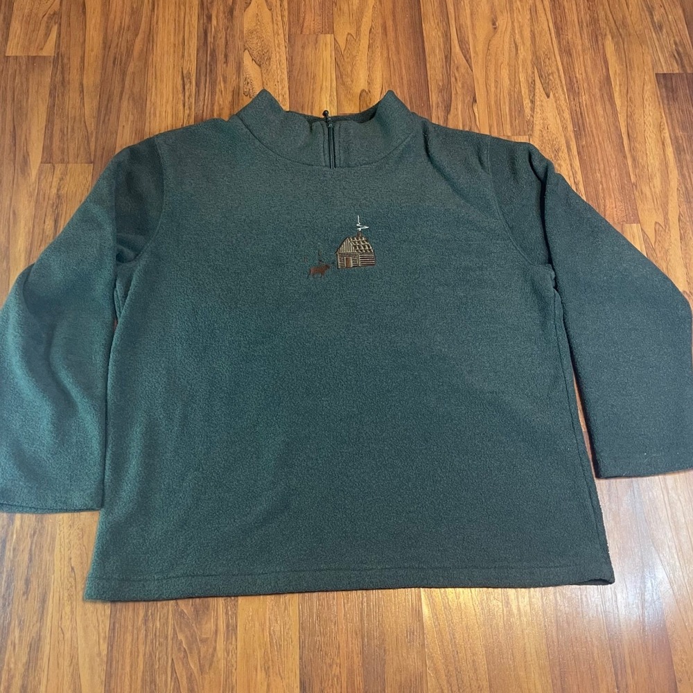 Christopher & Banks Fleece Pullover Women L Green Cabin Moose Quarter Zip VTG 03